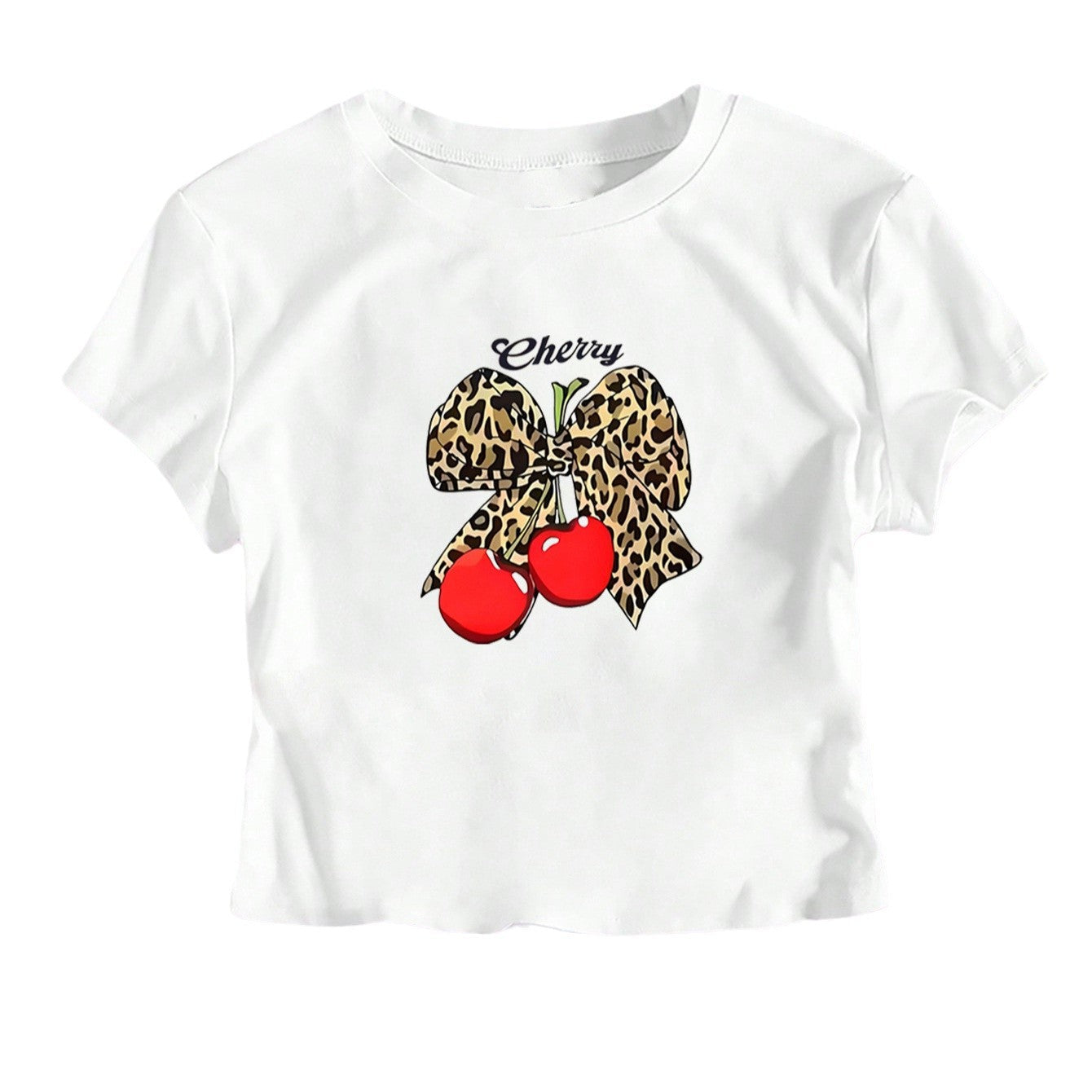 Damen Crop-T-Shirt mit verspieltem Leoparden-Schleifenmotiv und fruchtigem Print R&B
