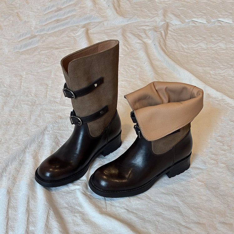 Damen Stiefel mit modischem Falten-Design und verstellbaren Schnallen