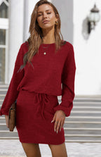 Damen Strickkleid mit elastischem Taillenbund und lässigen Puffärmeln R&B