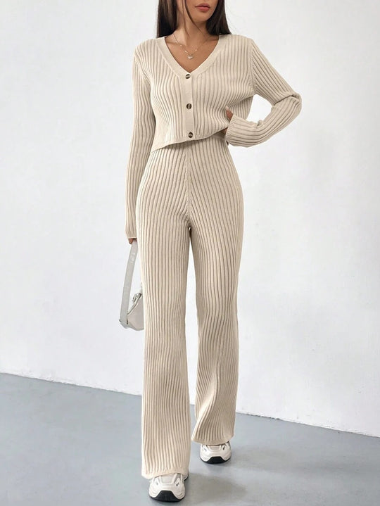 Damen Elegantes Strick-Lounge-Set mit V-Ausschnitt und hohen Bündchen R&B
