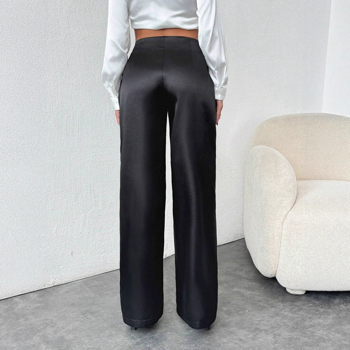 Damen elegante, weite Satin-Hose mit hohem Bund und fließendem Schnitt R&B