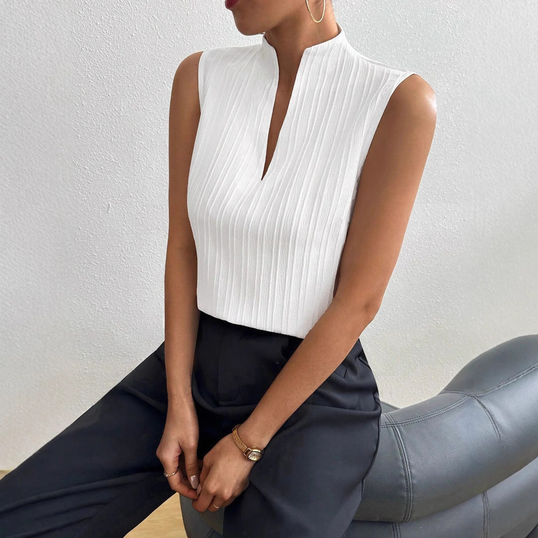 Damen Elegantes Top mit Stehkragen und feinen Plisseefalten R&B