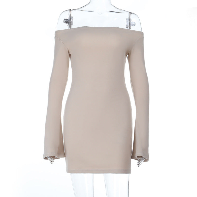 Damen elegantes schulterfreies Minikleid mit langen Ärmeln und figurbetontem Schnitt R&B