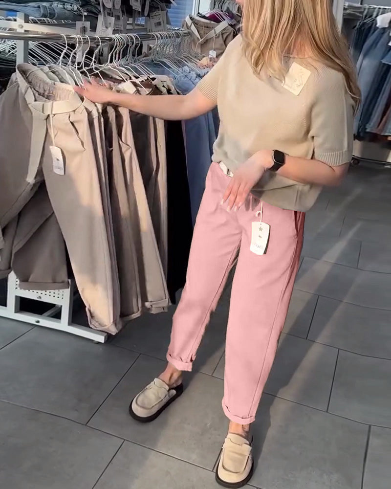 Damen nan lässige Baumwoll-Chino mit elastischem Komfortbund, Umschlag und Ziergürtel R&B