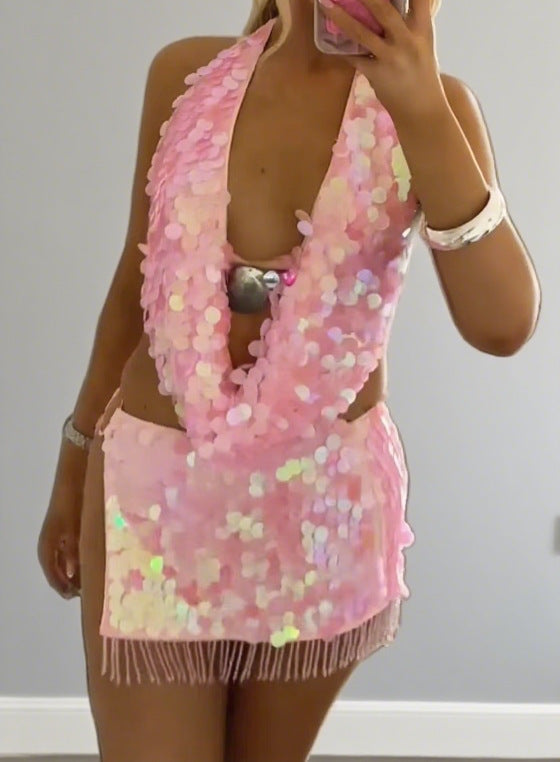 Damen Glamouröses Strandkleid mit Pailletten und Fransen R&B