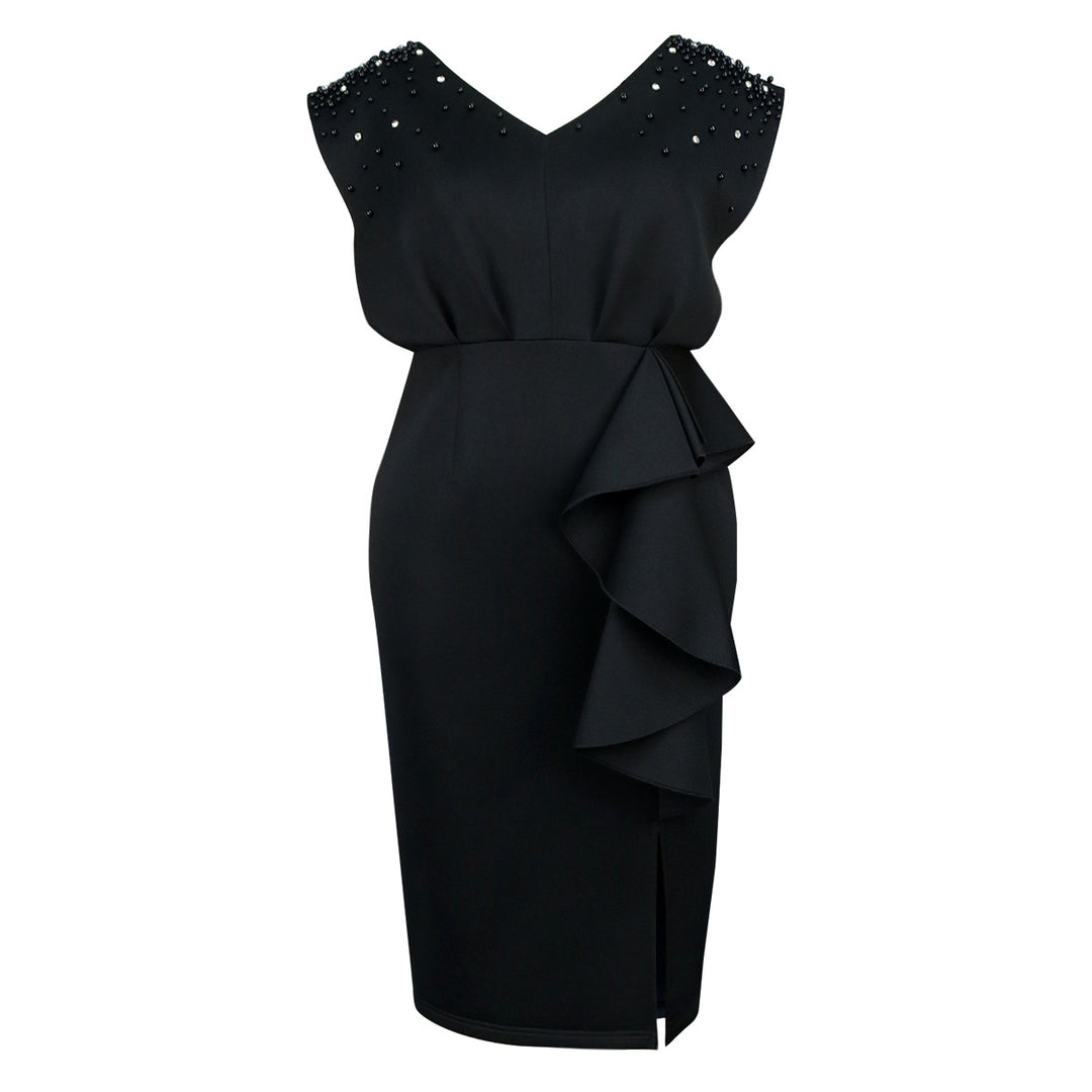 Damen elegantes Wickelkleid mit schimmernden Perlen und asymmetrischem Rüschensaum R&B