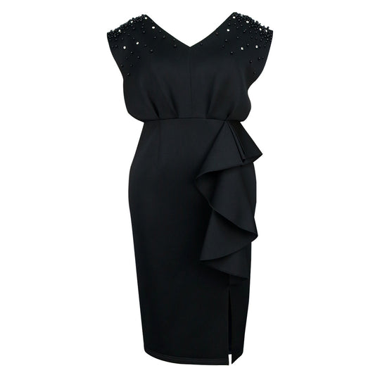 Damen elegantes Wickelkleid mit schimmernden Perlen und asymmetrischem Rüschensaum R&B