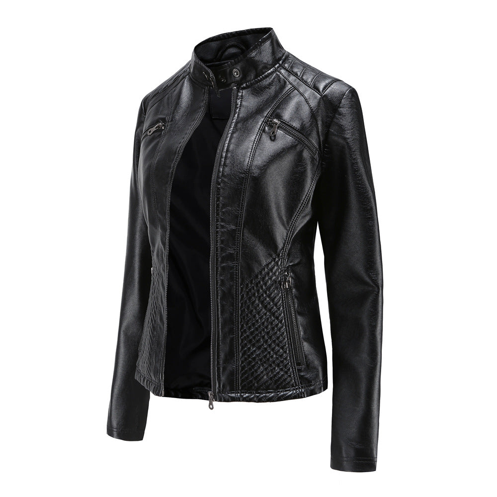 Damen nan taillierte Bikerjacke aus Kunstleder mit Stepppaneelen und Stehkragen R&B