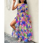 Damen Blumen Ein-Schulter Maxi Kleid