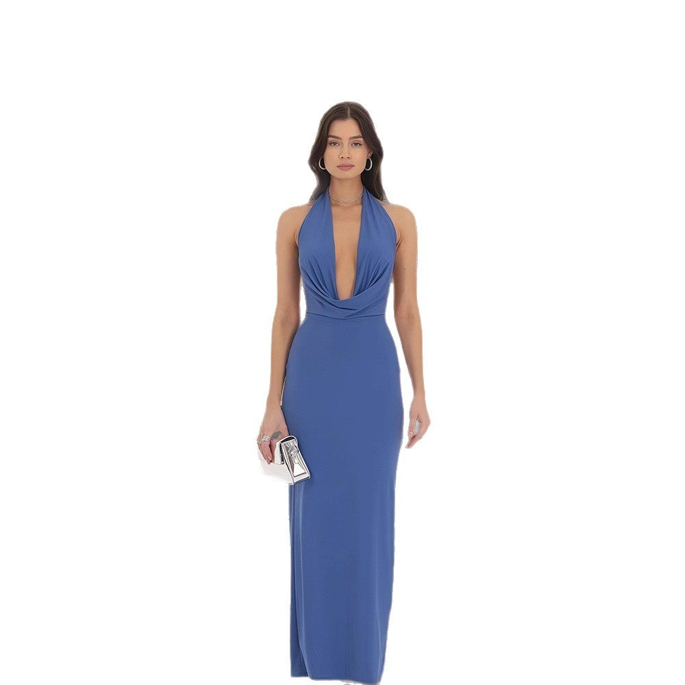 Damen Langarm-Elegant Kleid mit tiefem V-Ausschnitt und fließendem Saum R&B