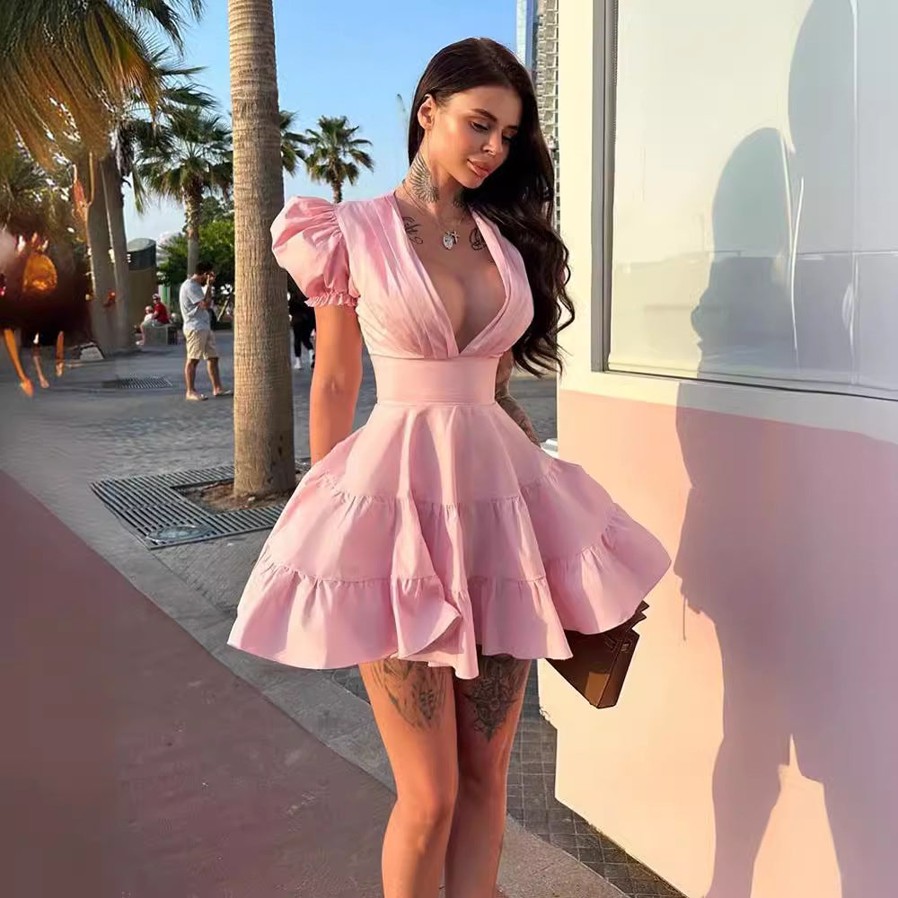 Damen verspieltes Sommerkleid mit Puffärmeln und Rüschen R&B