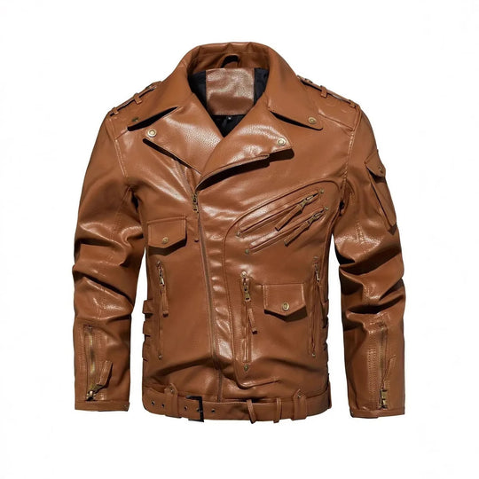 Herren Stylische Bikerjacke mit Mehreren Reißverschlusstaschen und Gürteldetail R&B