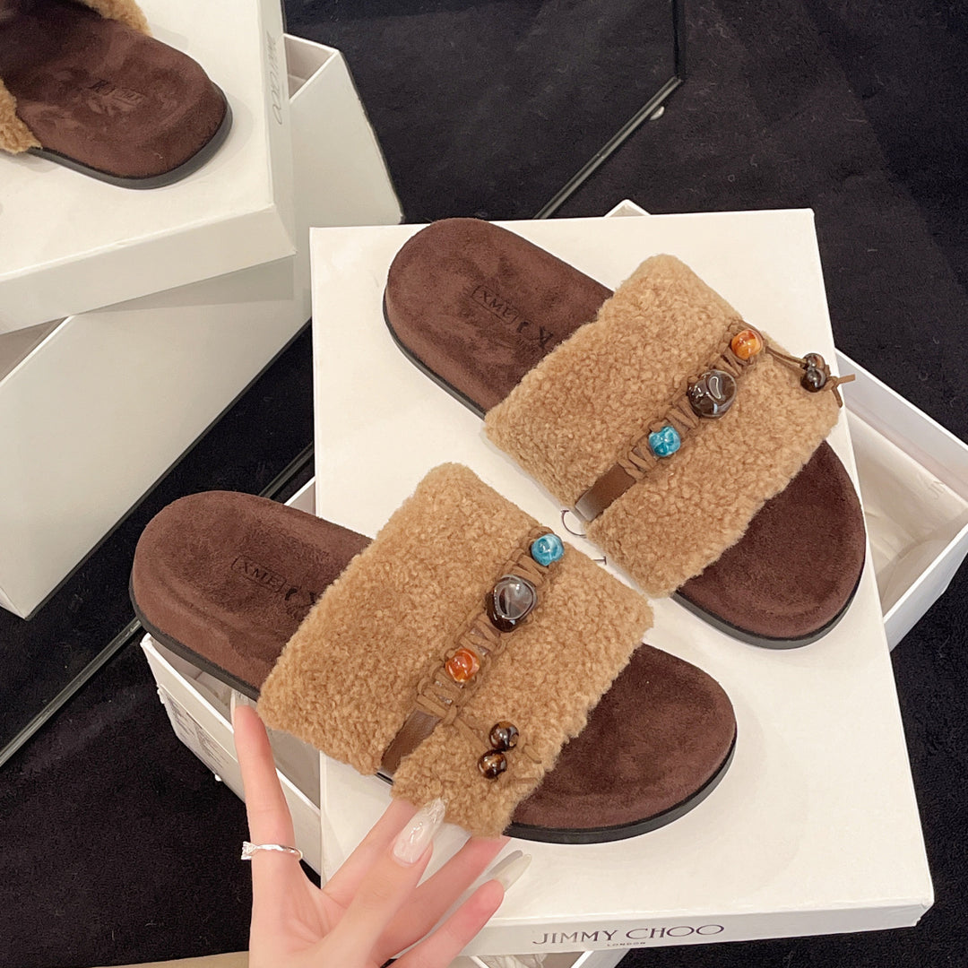 Damen Slipper mit kuscheligem Futter und dekorativer Perlenapplikation R&B
