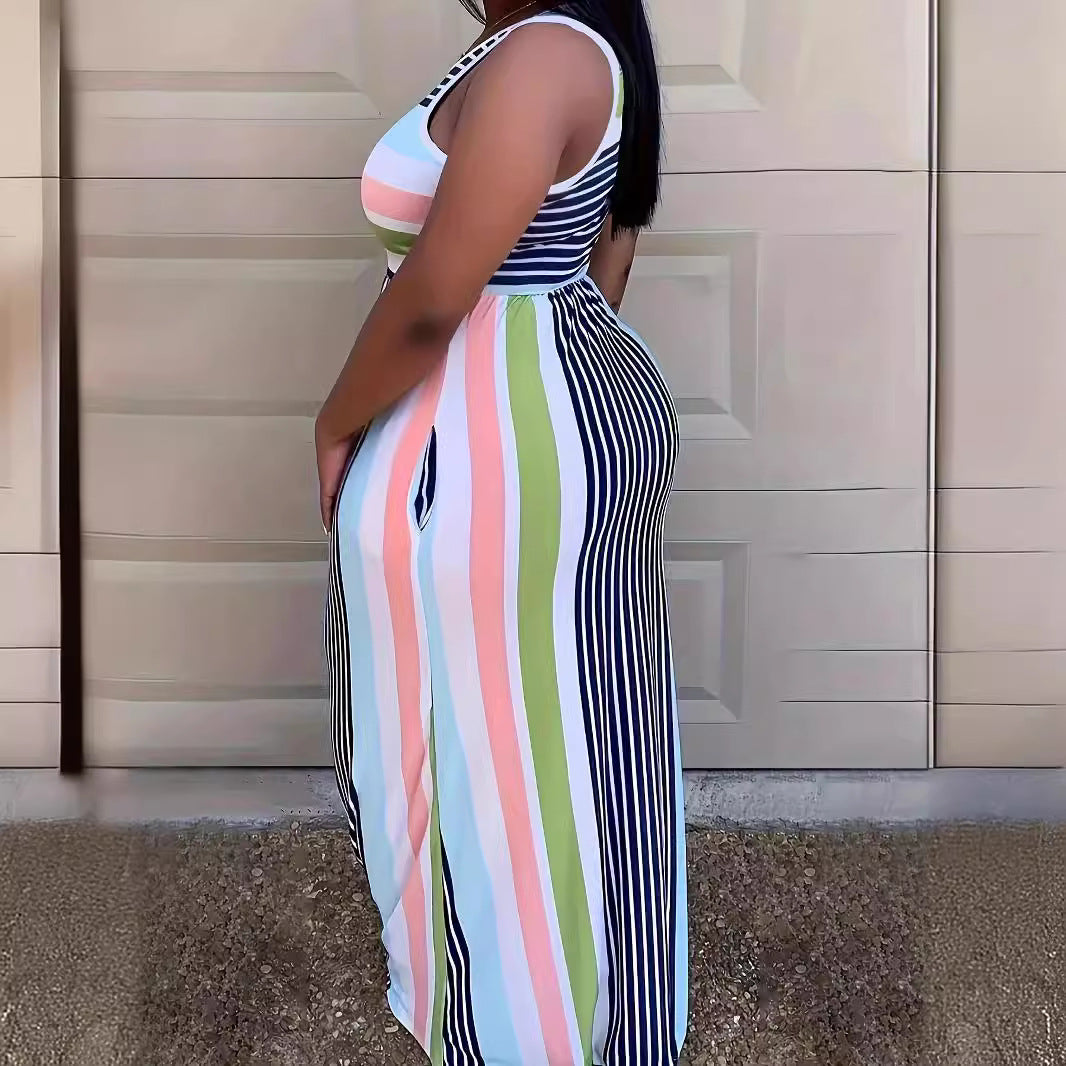 Damen Maxikleid im modernen Streifenlook mit tiefem Rundhalsausschnitt und slim fit Schnitt R&B