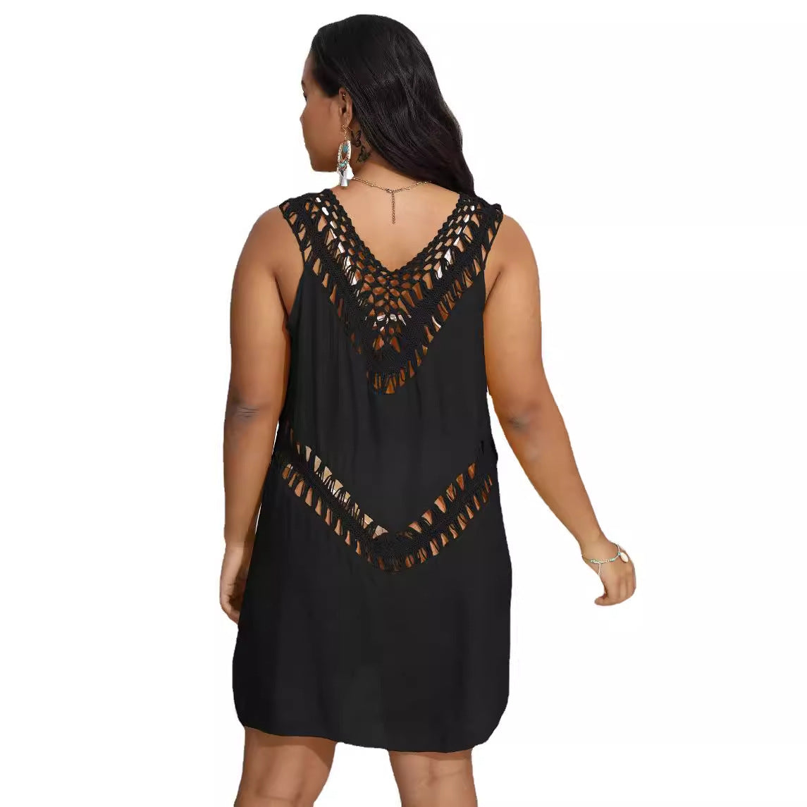 Damen luftiges Häkelkleid mit V-Ausschnitt und dekorativem Schnitt R&B