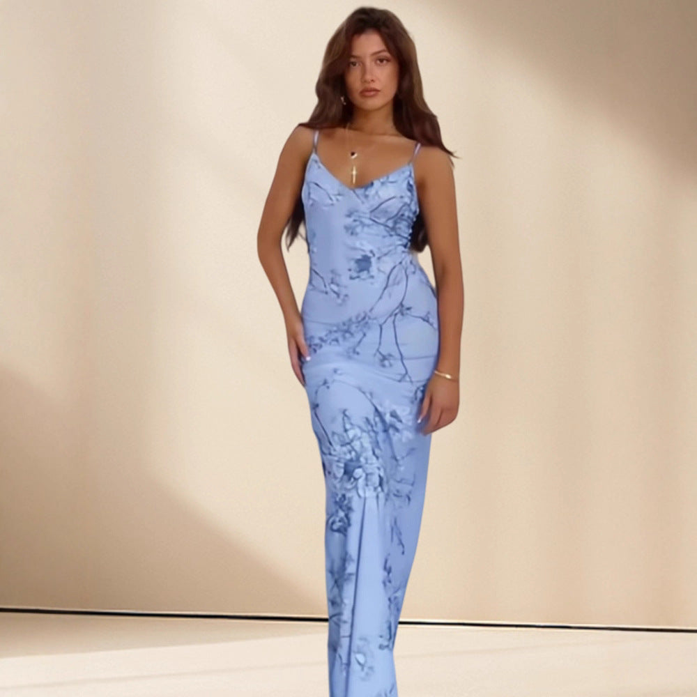 Damen Elegantes Maxikleid mit feinem floralem Design und Spaghettiträgern R&B