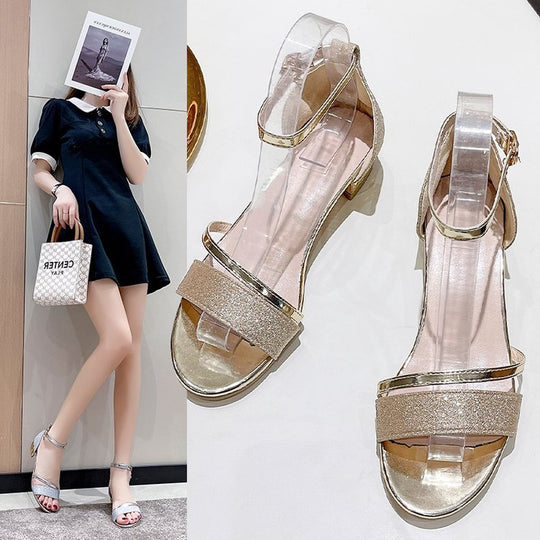 Damen Glitzernde Sandalen mit blockartigem Absatz und verstellbarem Knöchelriemen R&B