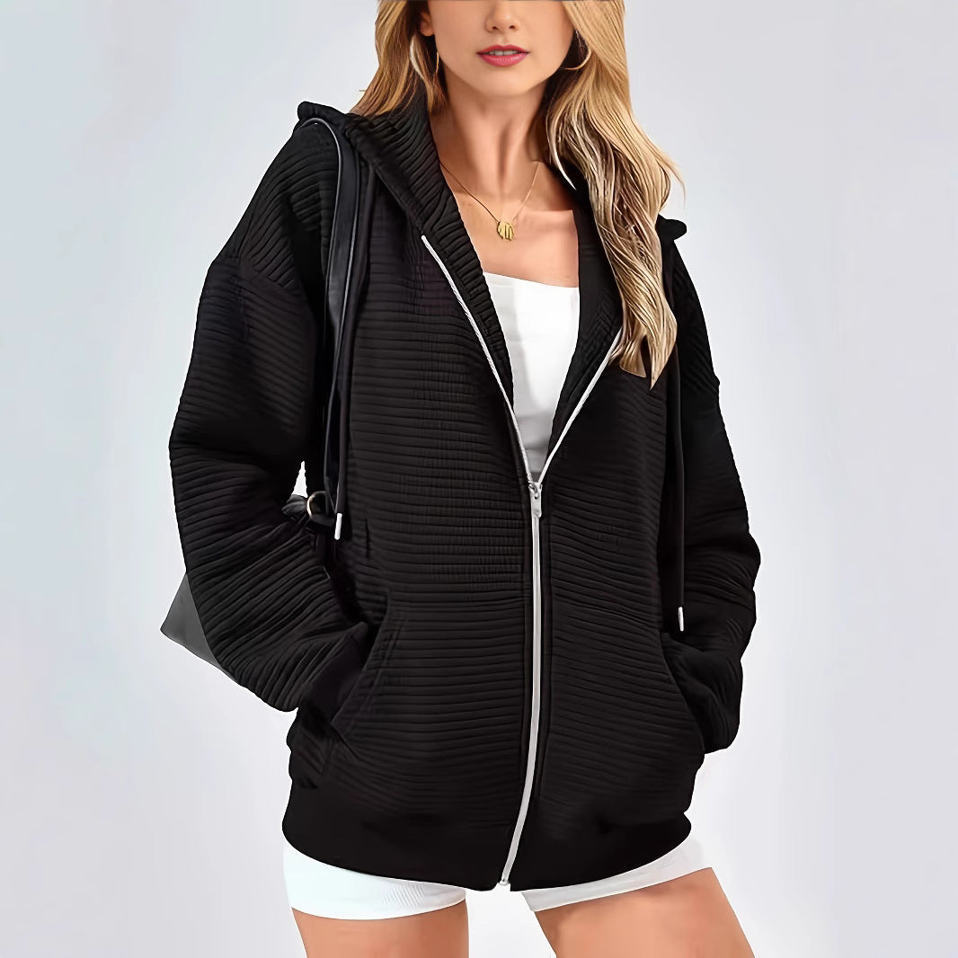 Damen lässiger Pullover mit halbem Reißverschluss und Rippstruktur R&B