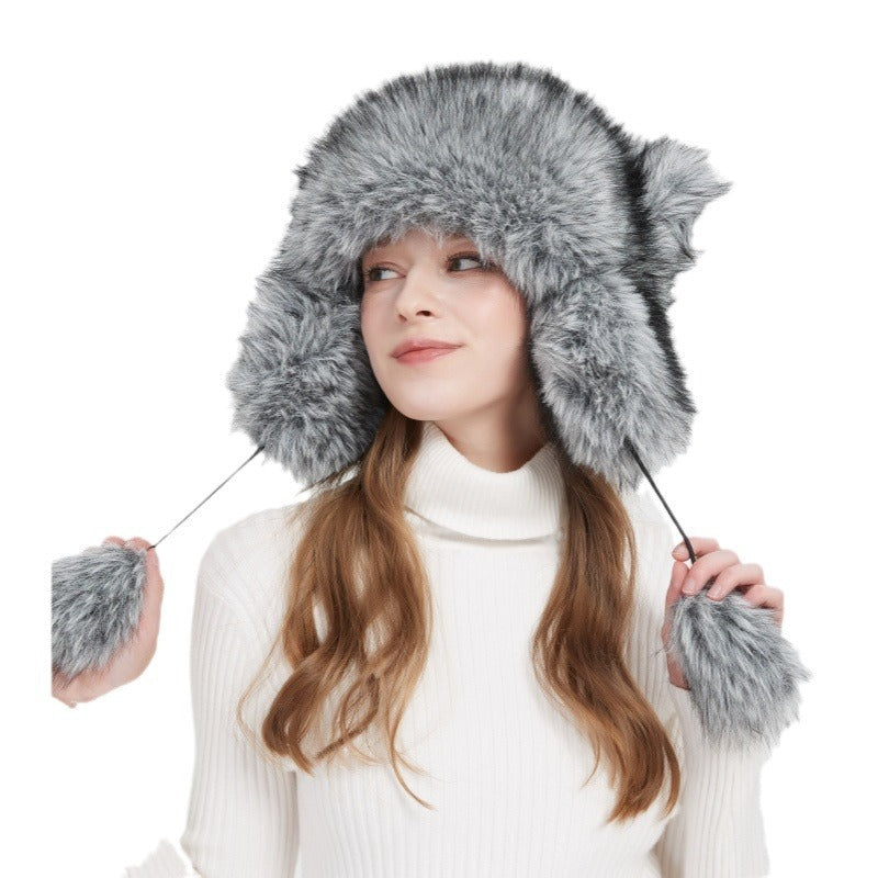 Damen Kuschelige Fellmütze mit Ohrenschutz und Bommel R&B