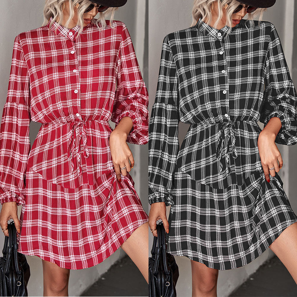 Damen Hemdblusenkleid mit verstellbarem Taillengürtel und kariertem Design R&B