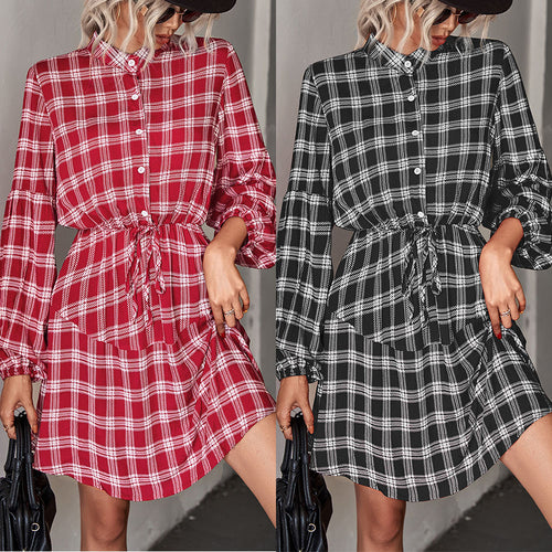 Damen Hemdblusenkleid mit verstellbarem Taillengürtel und kariertem Design R&B