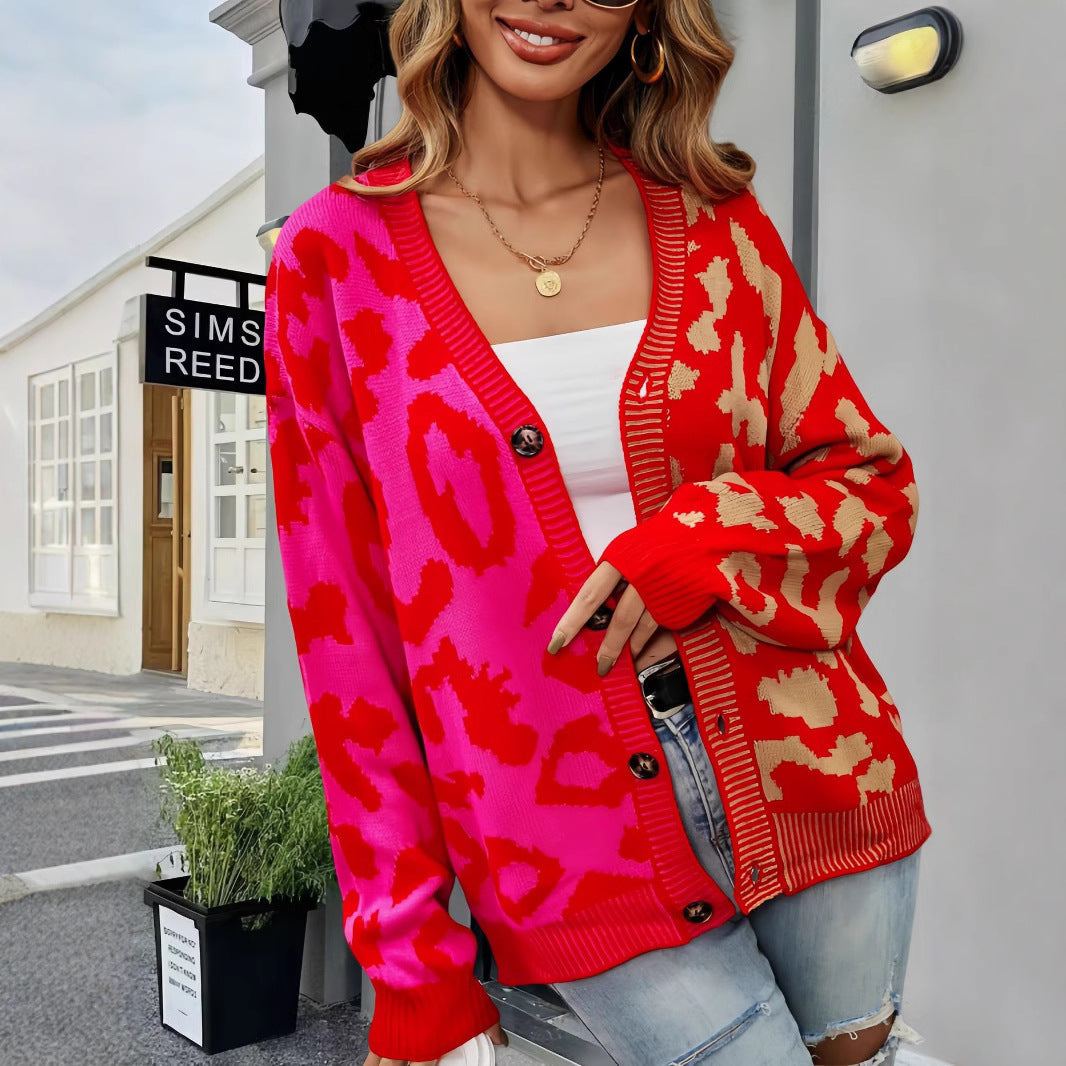 Damen Leichte Strickjacke mit farbenfrohem Leopardenmuster R&B