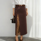 Damen Eleganter Maxirock mit transparentem Spitzeneinsatz und seitlichem Schlitz R&B