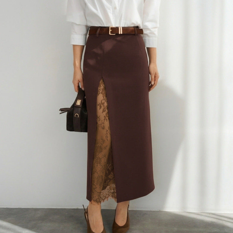 Damen Eleganter Maxirock mit transparentem Spitzeneinsatz und seitlichem Schlitz R&B