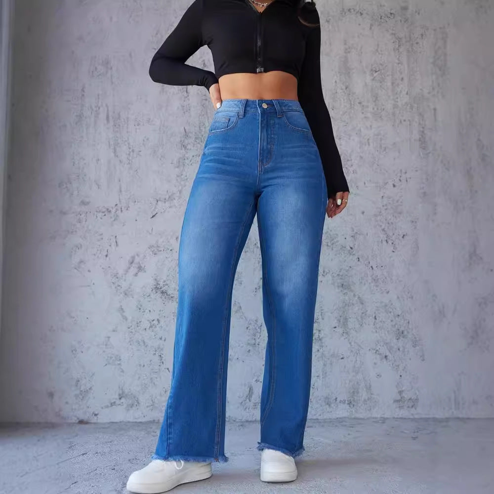 Damen Hochtaillierte Mom-Jeans mit lässigem Schnitt und fransigem Saum R&B