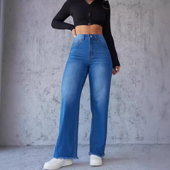 Damen Hochtaillierte Mom-Jeans mit lässigem Schnitt und fransigem Saum R&B