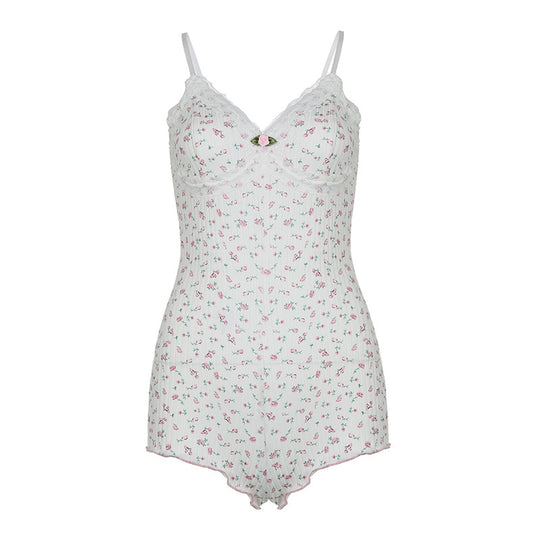 Damen Schlafbody mit zarter Spitzenverzierung und floralem Design R&B
