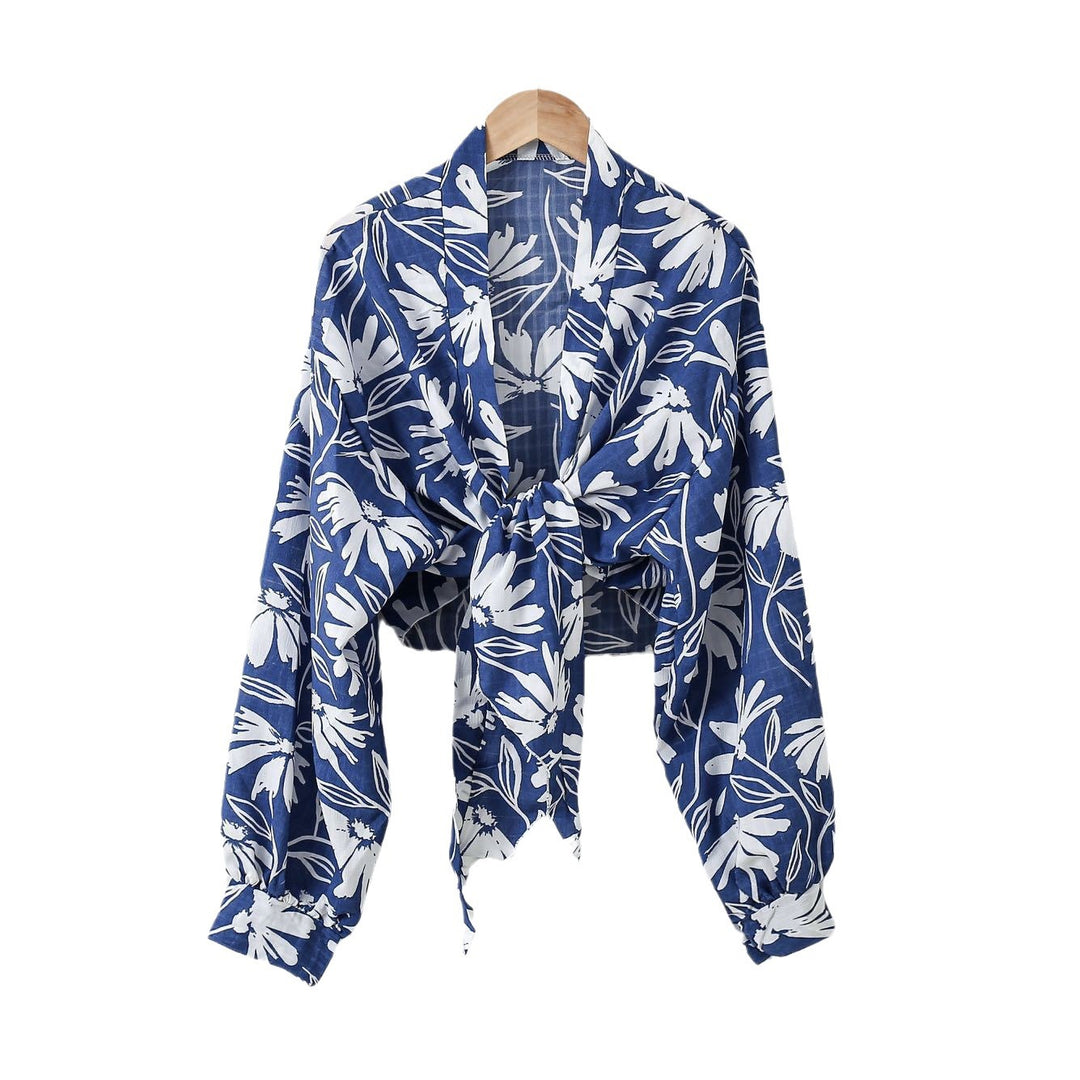 Damen nan florale Knoten-Bluse im Wickelstil mit Ballonärmeln und leichter Leinenoptik R&B