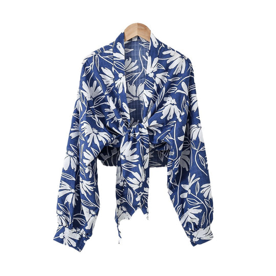 Damen nan florale Knoten-Bluse im Wickelstil mit Ballonärmeln und leichter Leinenoptik R&B