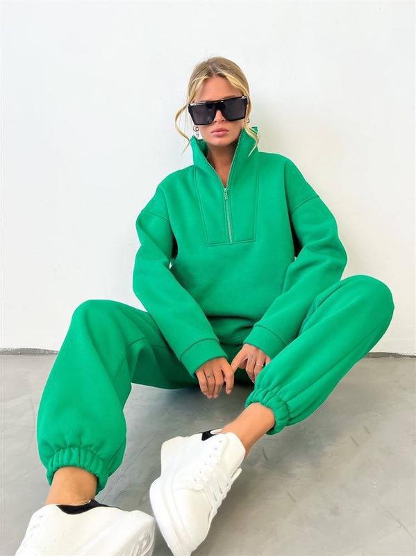 Damen sportlicher Fleece-Pullover und Jogginghose-Set mit hohem Kragen R&B