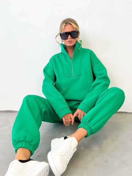 Damen sportlicher Fleece-Pullover und Jogginghose-Set mit hohem Kragen R&B