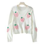 Damen Strickpullover mit Erdbeer-Applikationen und lässigem Schnitt