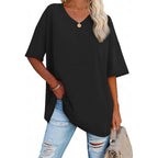 Damen Oversized T-Shirt mit V-Ausschnitt und seitlichen Schlitzen