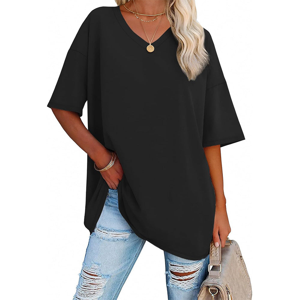 Damen Oversized T-Shirt mit V-Ausschnitt und seitlichen Schlitzen