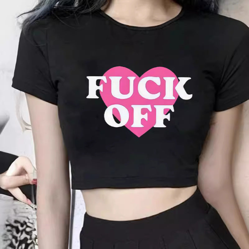 Damen figurbetontes Kurzarm-T-Shirt mit verspieltem Aufdruck R&B