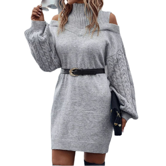 Damen Strickkleid mit kaltem Schulterdesign und Zopfmuster R&B