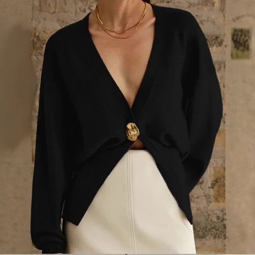 Damen Eleganter und lässiger Cardigan mit tiefem Ausschnitt und Schmuckknopf R&B