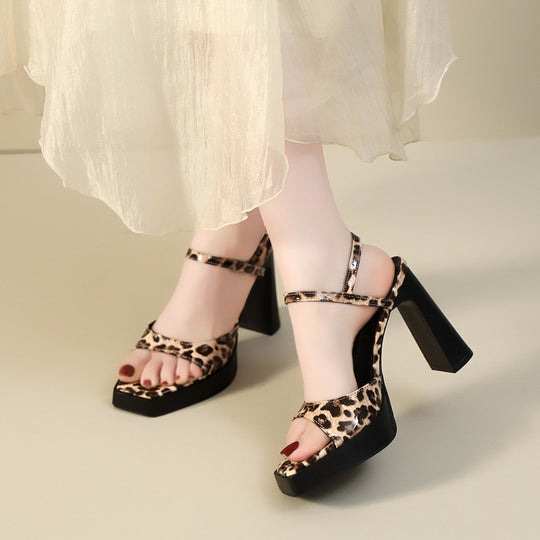 Damen High Heel Sandalen mit animalischem Muster und blockförmigem Absatz R&B