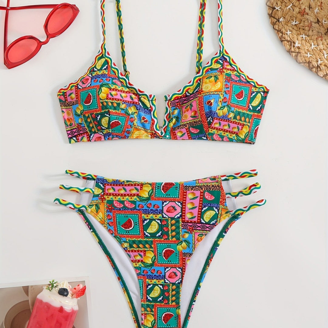 Damen Bikini-Set mit buntem Fruchtmuster und raffinierten Trägerdetails R&B