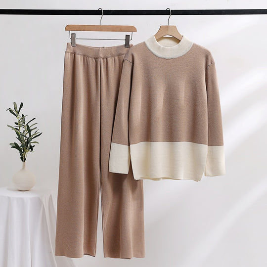 Damen elegantes Strick-Loungewear-Set mit weitem Bund und dekorativem Kragen R&B