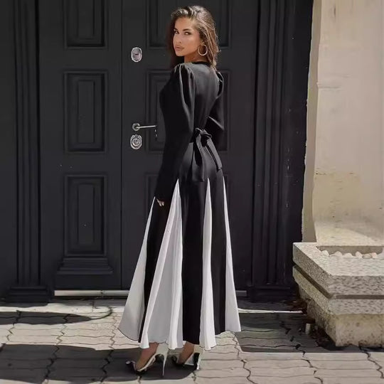 Damen Elegantes Langarmkleid mit Puffärmeln und Fließendem Saum R&B
