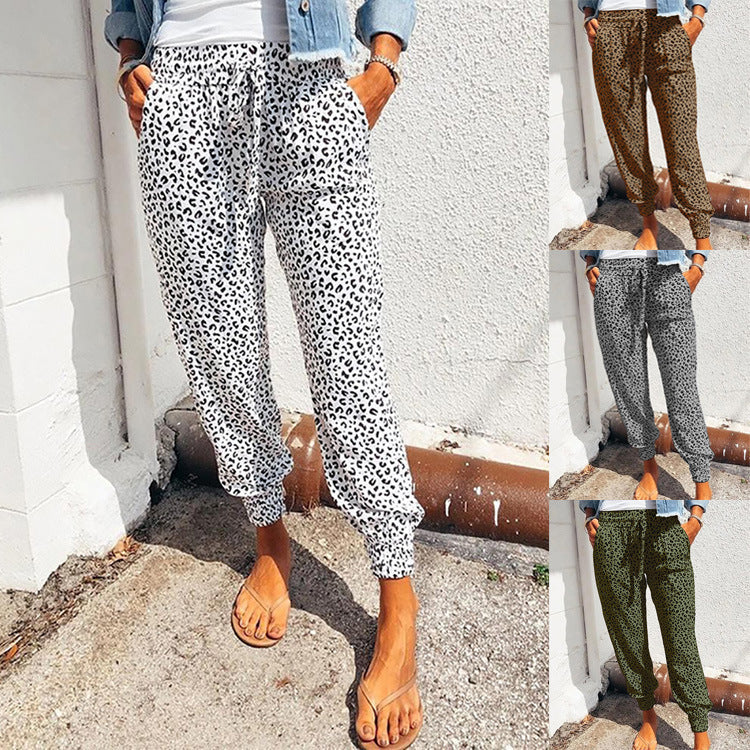 Damen nan lässige Leoparden-Print Jogginghose mit Tunnelzug, Eingrifftaschen und elastischen Bündchen R&B