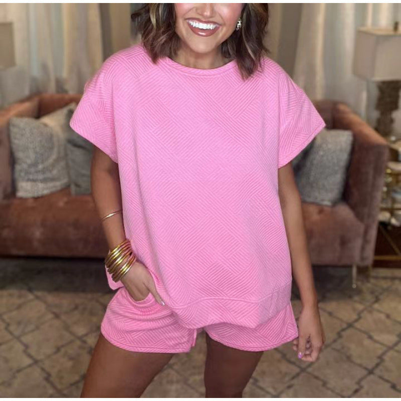 Damen gemütliches Freizeit-Set mit strukturiertem Oberteil und Shorts R&B