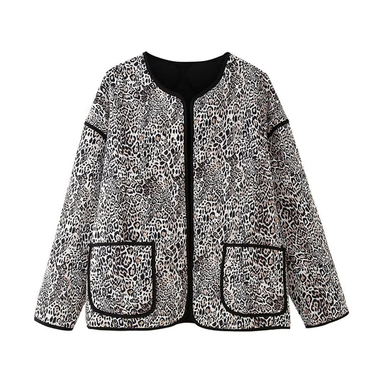 Damen gesteppte Jacke mit modernem Leopardenmuster und praktischen Taschen R&B