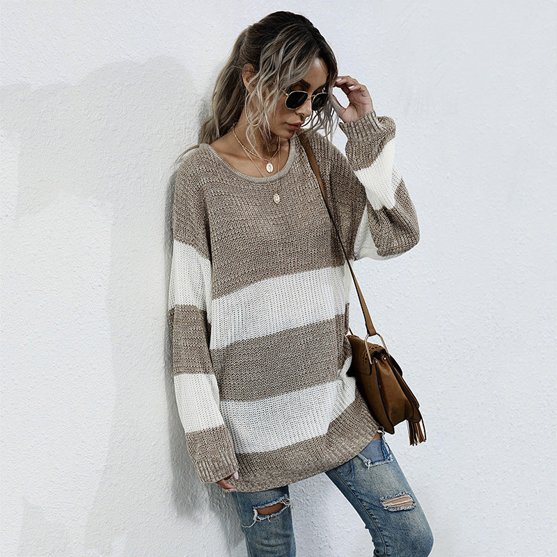 Damen Oversized Strickpullover mit gestreiftem Muster und lässigem Schnitt R&B