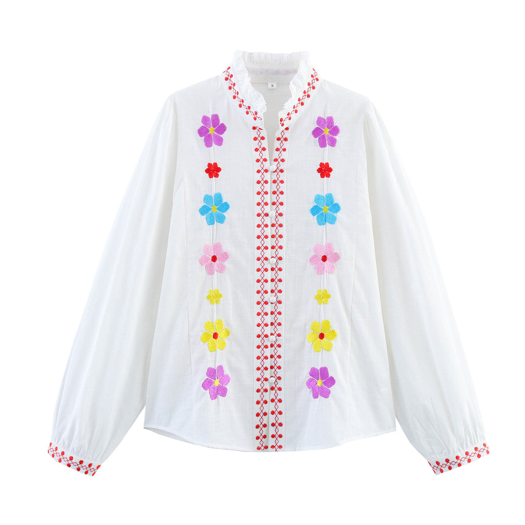 Damen Bluse mit bunten Stickereien und romantischem Rüschendesign R&B